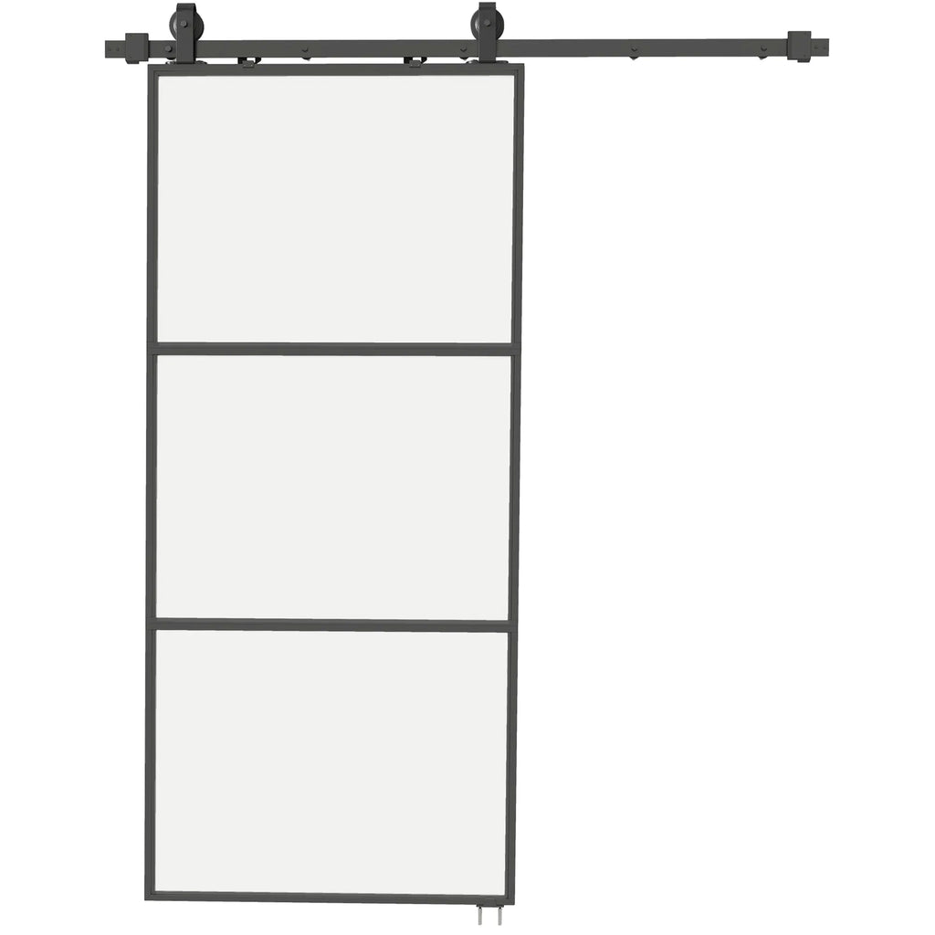 Stumdomosios durys su matiniu stiklu, bėgelių sistema, 91,4 x 203,2 cm, juodos