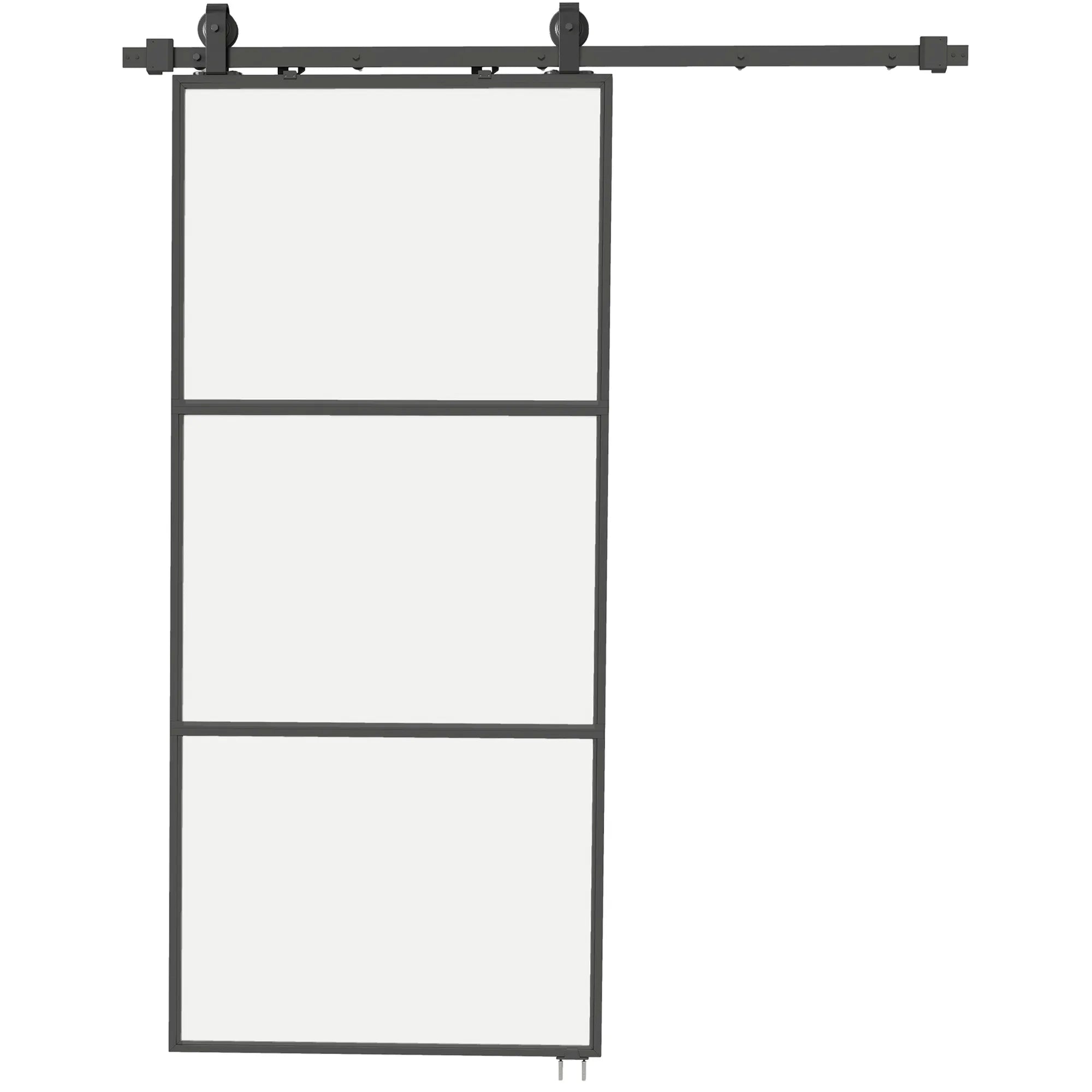Stumdomosios durys su matiniu stiklu, bėgelių sistema, 91,4 x 203,2 cm, juodos