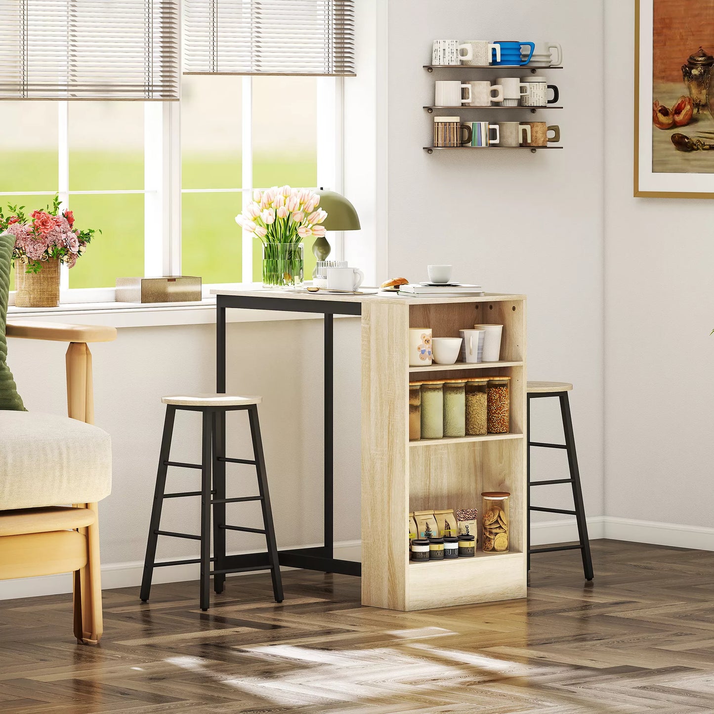 3 dalių baro stalo komplektas, 1 baras, 2 kėdės, su laikymo vieta ir kojų atramomis, taupantis vietą, šviesiai rudas+juodas