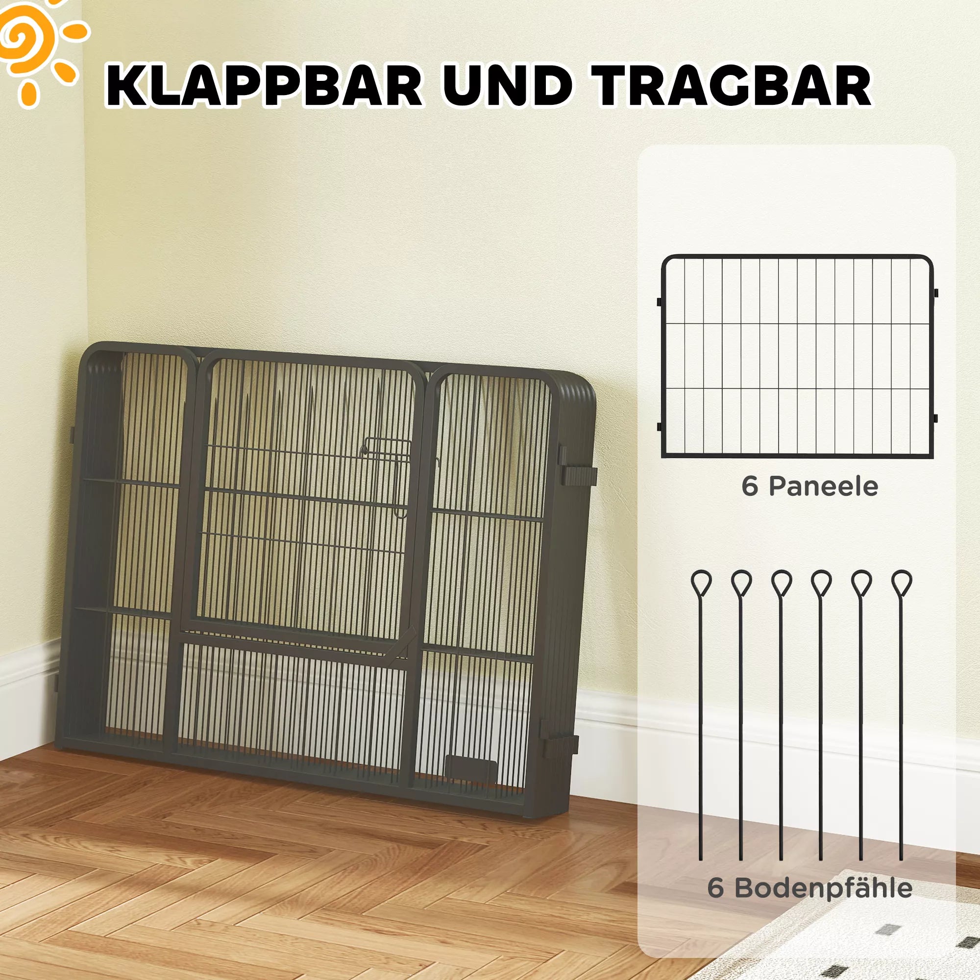 Šunų tvora, naminių gyvūnų aptvaras, 6 plokštės, plienas, sulankstomas, pilkos spalvos