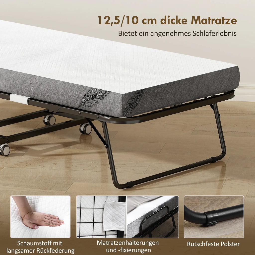 Sudedama lova 80x200 cm su čiužiniu iki 150 kg, balta/juoda