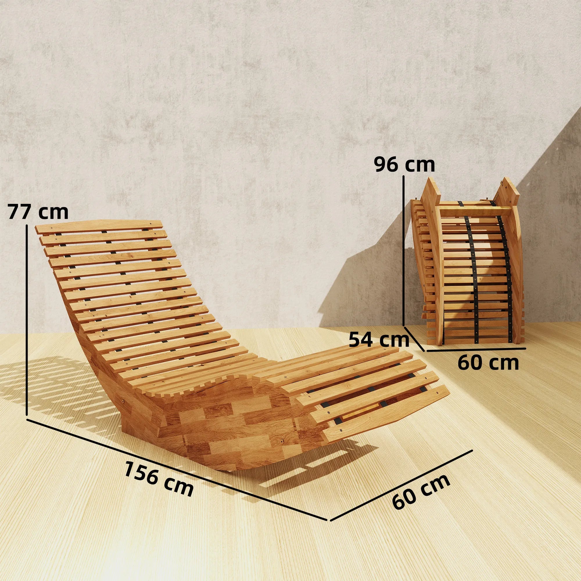 Sulankstoma ergonomiška sodo gultas iš akacijų medžio su S formos skersinių konstrukcija, 60 x 156 x 77 cm