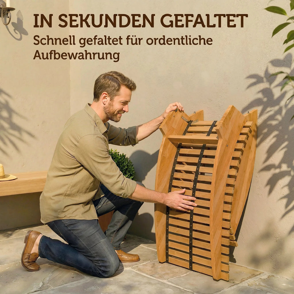 Sulankstoma ergonomiška sodo gultas iš akacijų medžio su S formos skersinių konstrukcija, 60 x 156 x 77 cm
