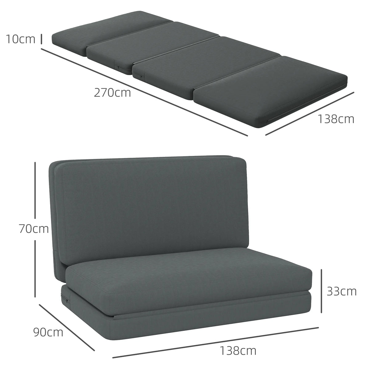 Sulankstoma grindų sofa, 3-in-1 transformuojamas krėslas, 138 cm, tamsiai pilka