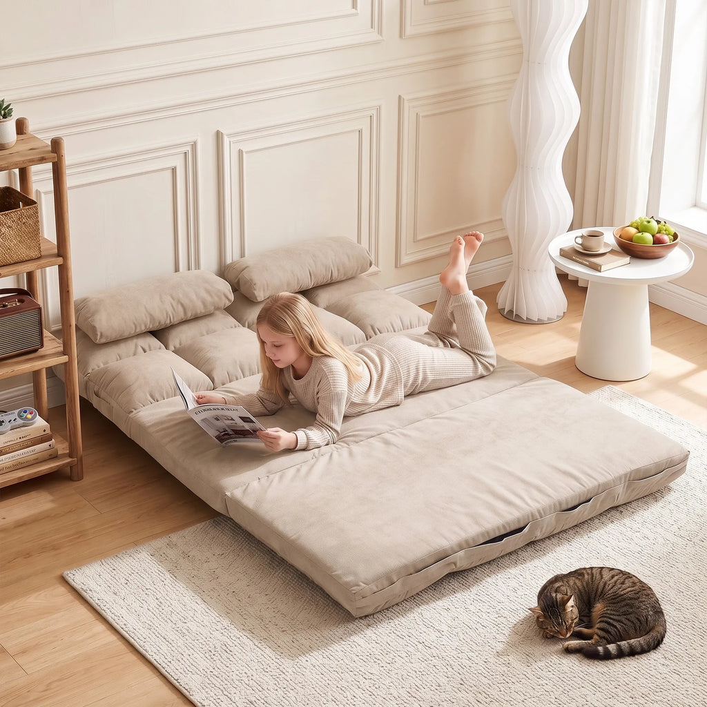 Sulankstoma grindų sofa-lova, reguliuojama, 102 x 73 x 60 cm, smėlio spalvos
