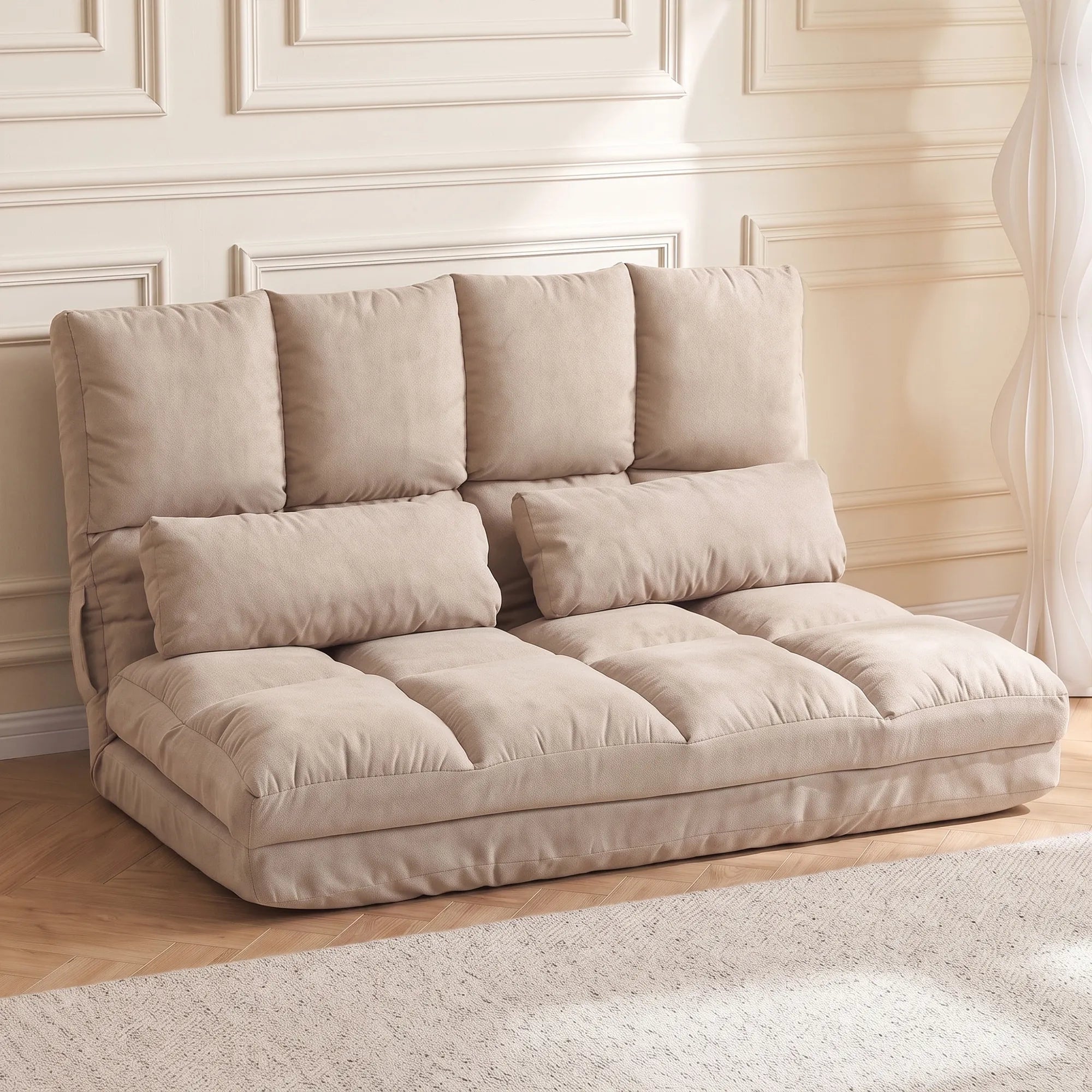 Sulankstoma grindų sofa-lova, reguliuojama, 102 x 73 x 60 cm, smėlio spalvos