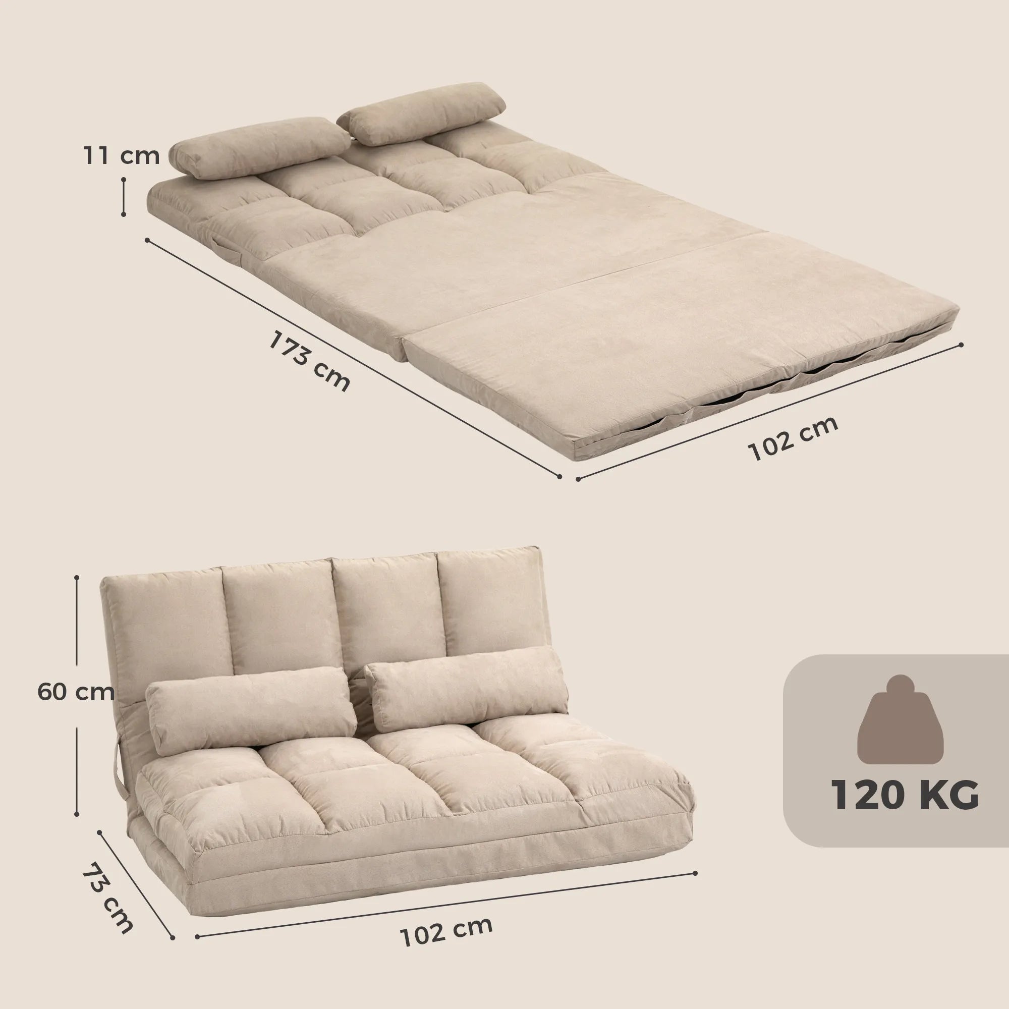 Sulankstoma grindų sofa-lova, reguliuojama, 102 x 73 x 60 cm, smėlio spalvos