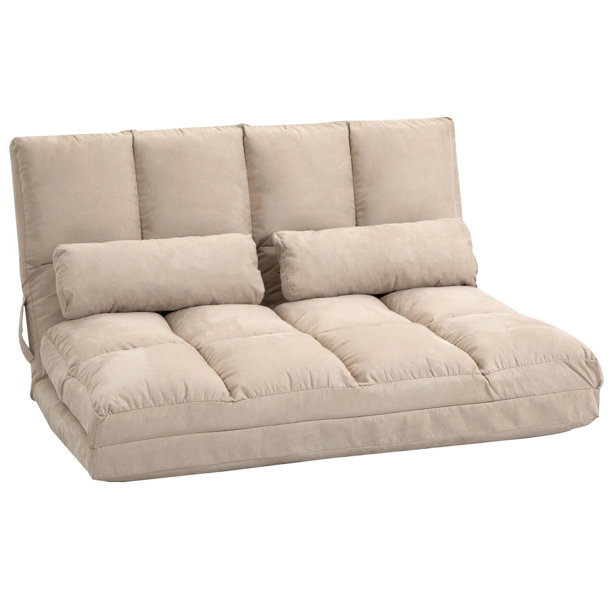 Smėlio spalvos grindų sofa-lova su dviem pagalvėlėmis