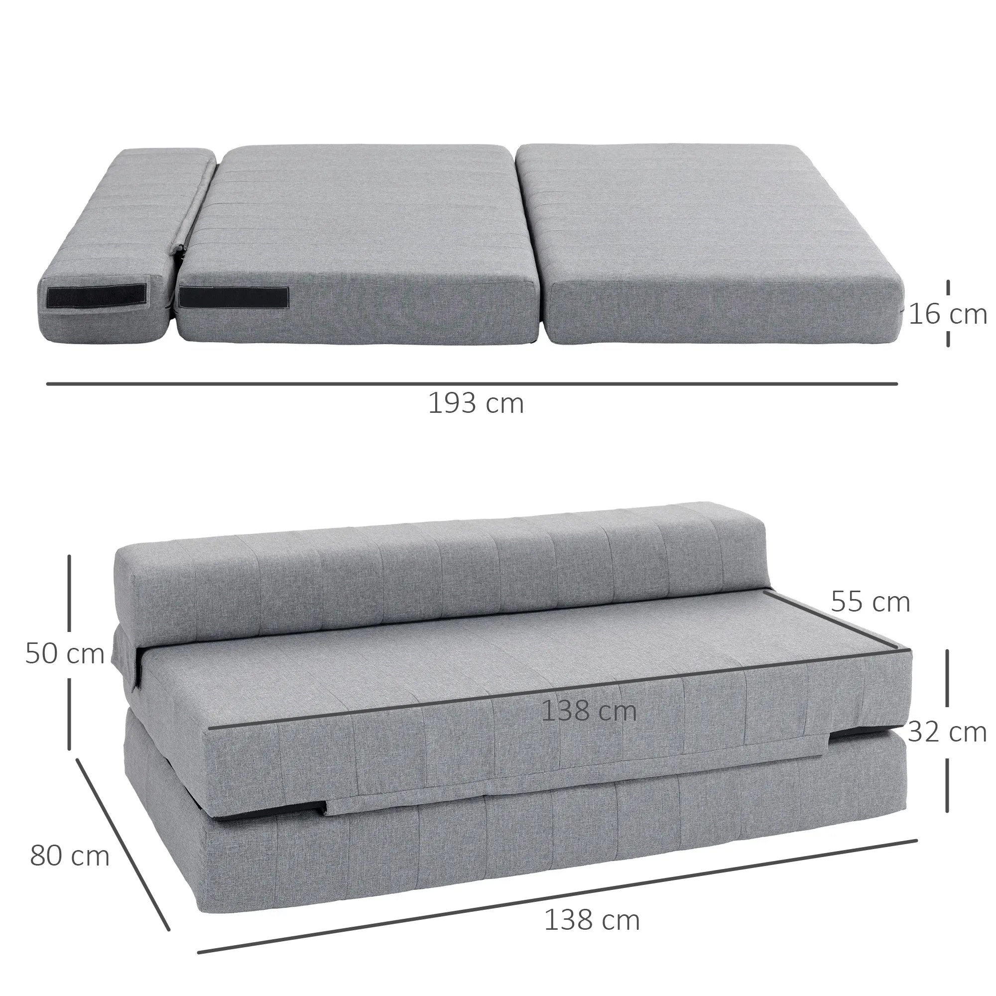 Sulankstoma grindų sofa-lova su miegojimo funkcija, iki 250 kg, pilka