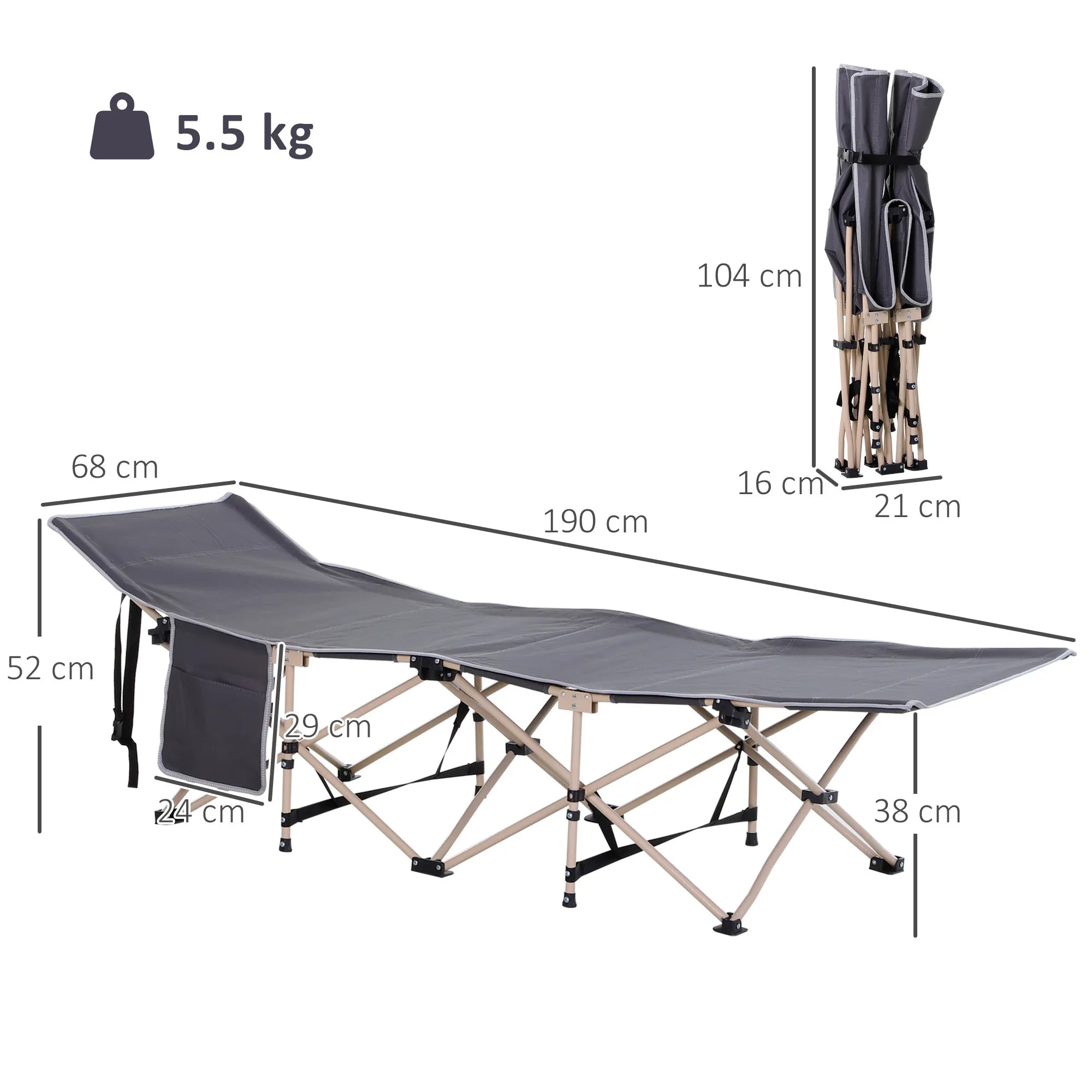 Lovos matmenų schema: 190 x 68 cm, sulankstyta 104 x 21 x 16 cm, svoris 5,5 kg