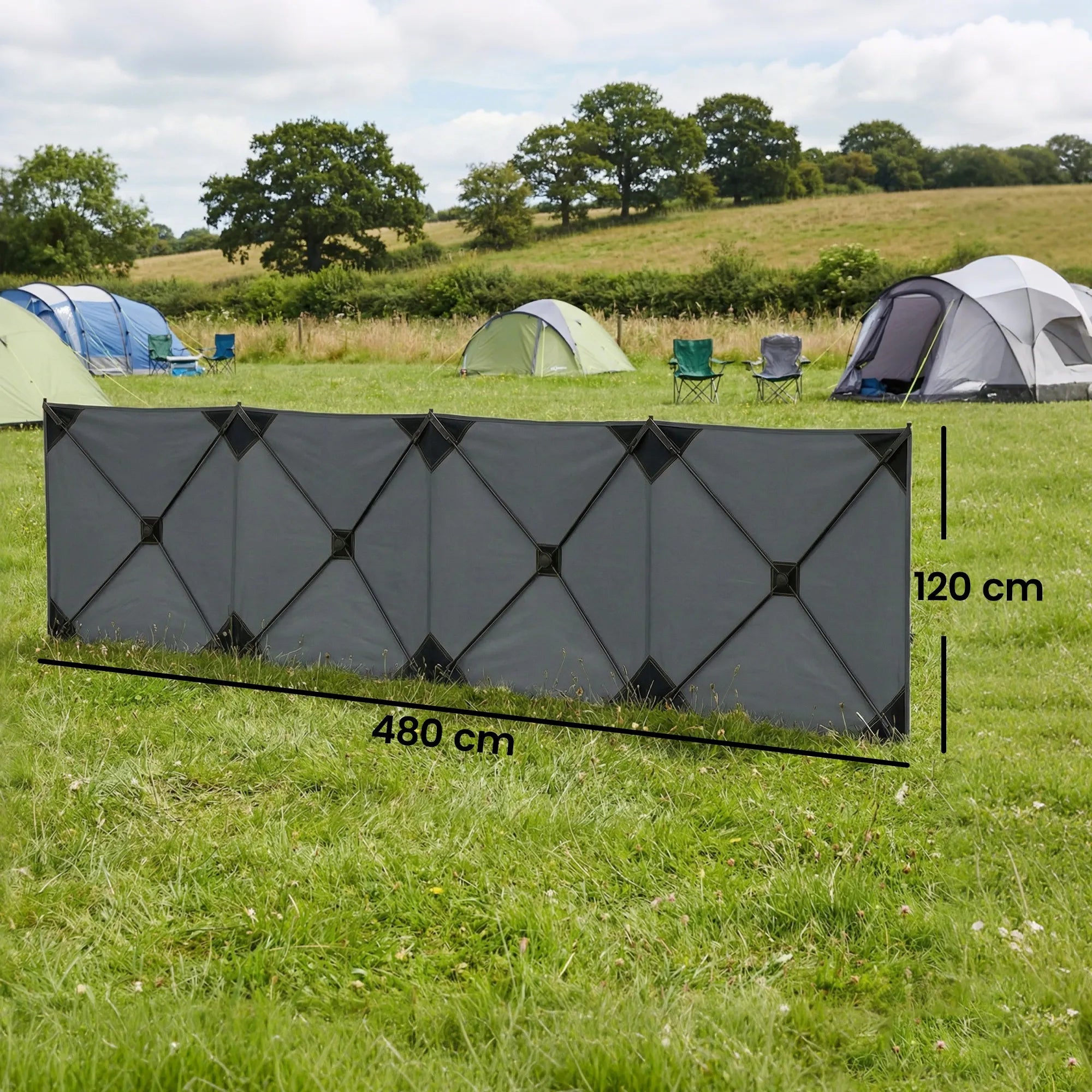 Sulankstoma vėjo užuovėja stovyklavimui 480x120 cm tamsiai pilka