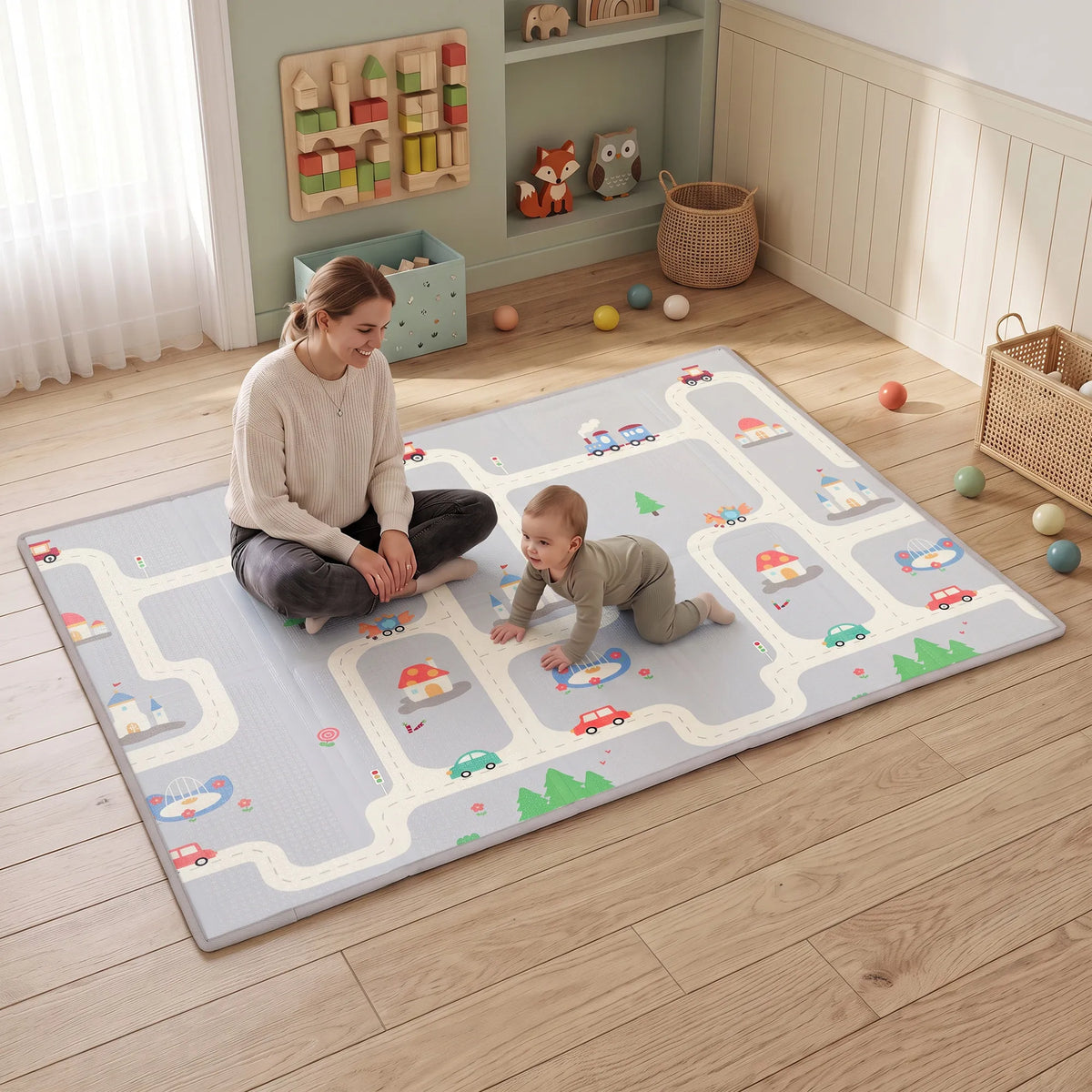 Mama su kūdikiu žaidžia ant kelių motyvo kilimėlio vaikų kambaryje