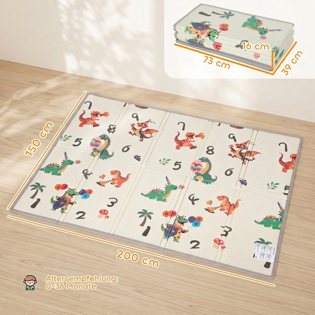 Žaidimų kilimėlio matmenų schema: 200 × 150 cm išskleisto ir sulankstyto dydžio