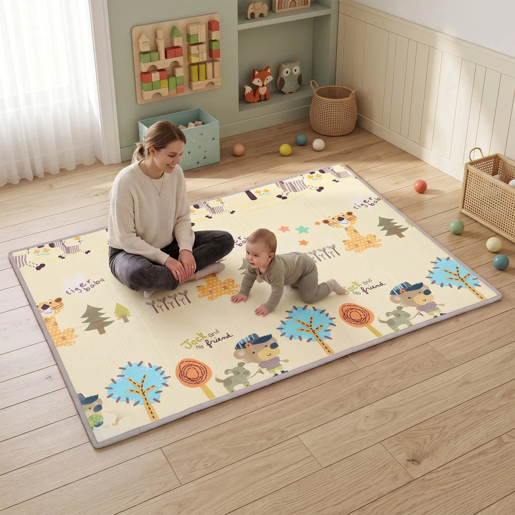 Mama su šypsodamasi kūdikiu žaidžia ant žaidimų kilimėlio vaikų kambaryje