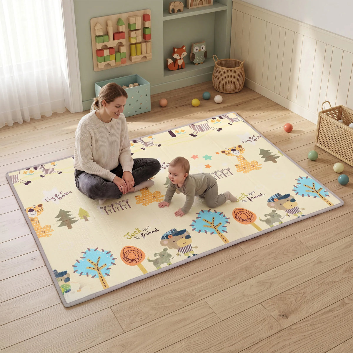 Mama su šypsodamasi kūdikiu žaidžia ant žaidimų kilimėlio vaikų kambaryje