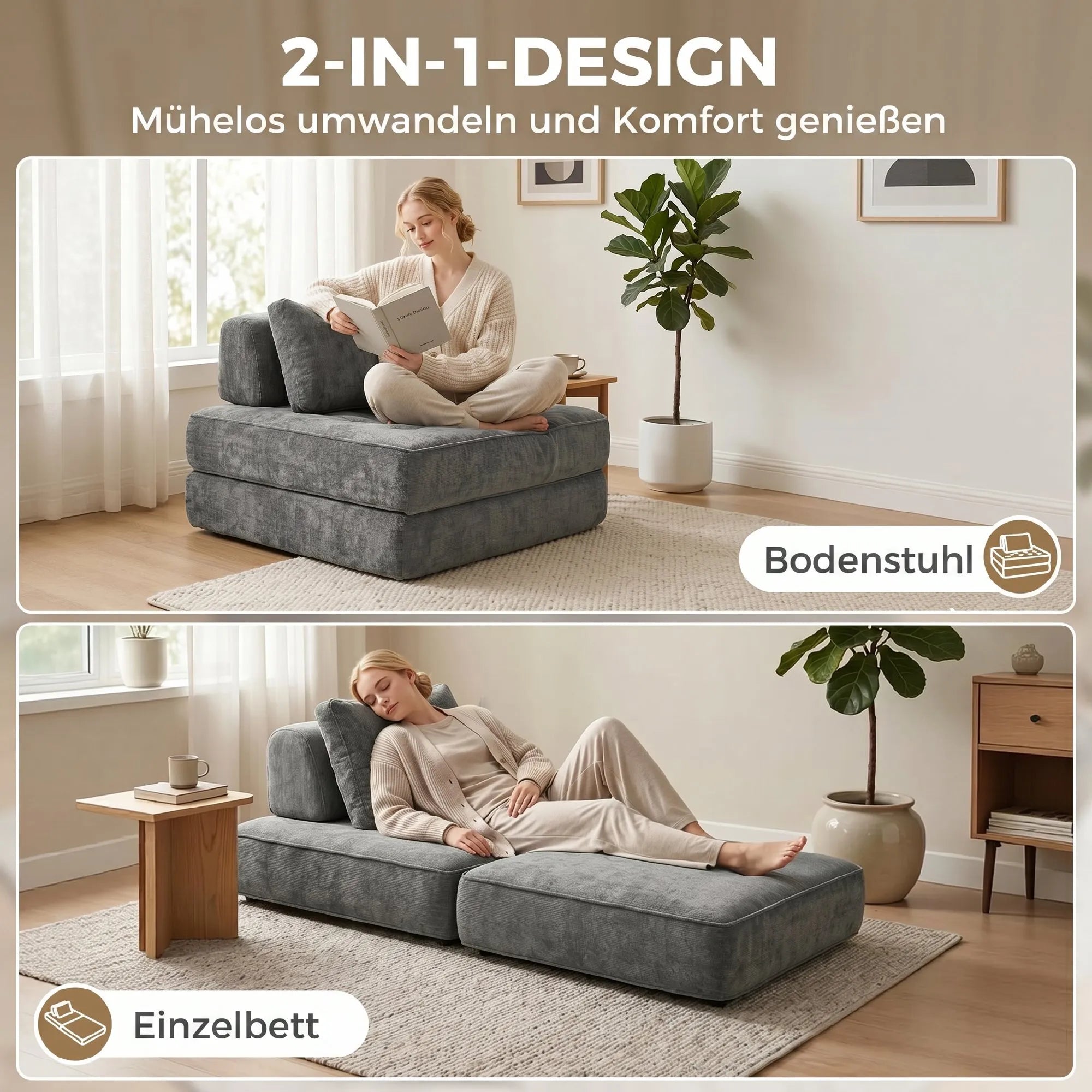Sulankstomas fotelis-lova, 2-in-1, pilkos spalvos