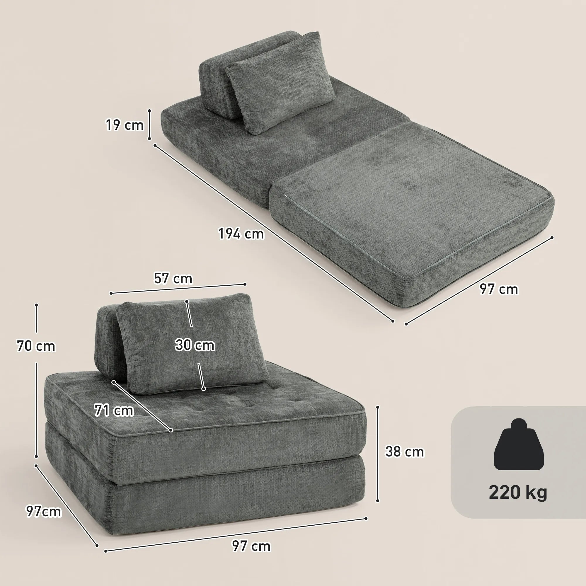 Sulankstomas fotelis-lova, 2-in-1, pilkos spalvos