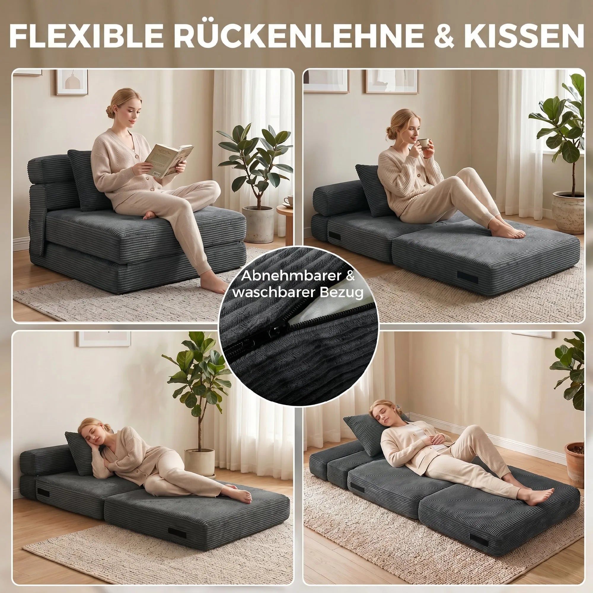 Sulankstomas fotelis-lova 2-in-1 su pagalve, tamsiai pilkas