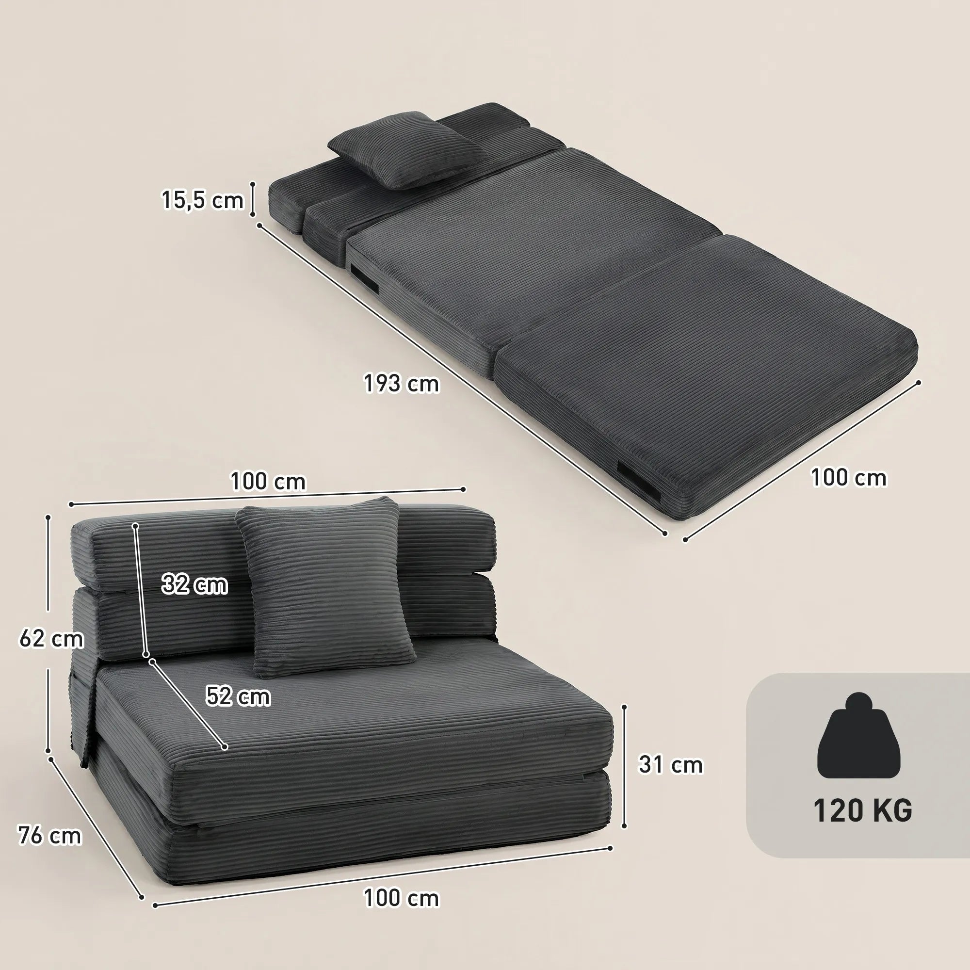 Sulankstomas fotelis-lova 2-in-1 su pagalve, tamsiai pilkas