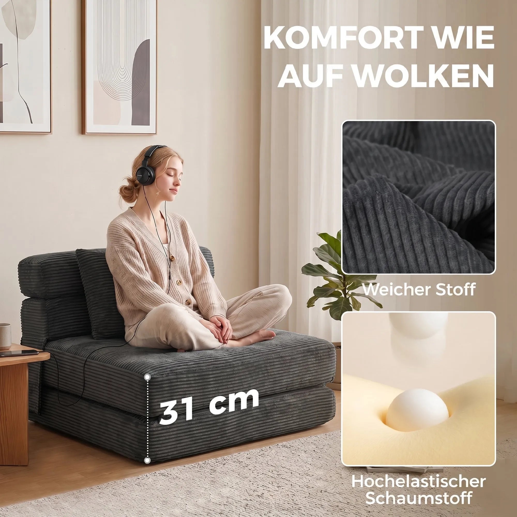 Sulankstomas fotelis-lova 2-in-1 su pagalve, tamsiai pilkas