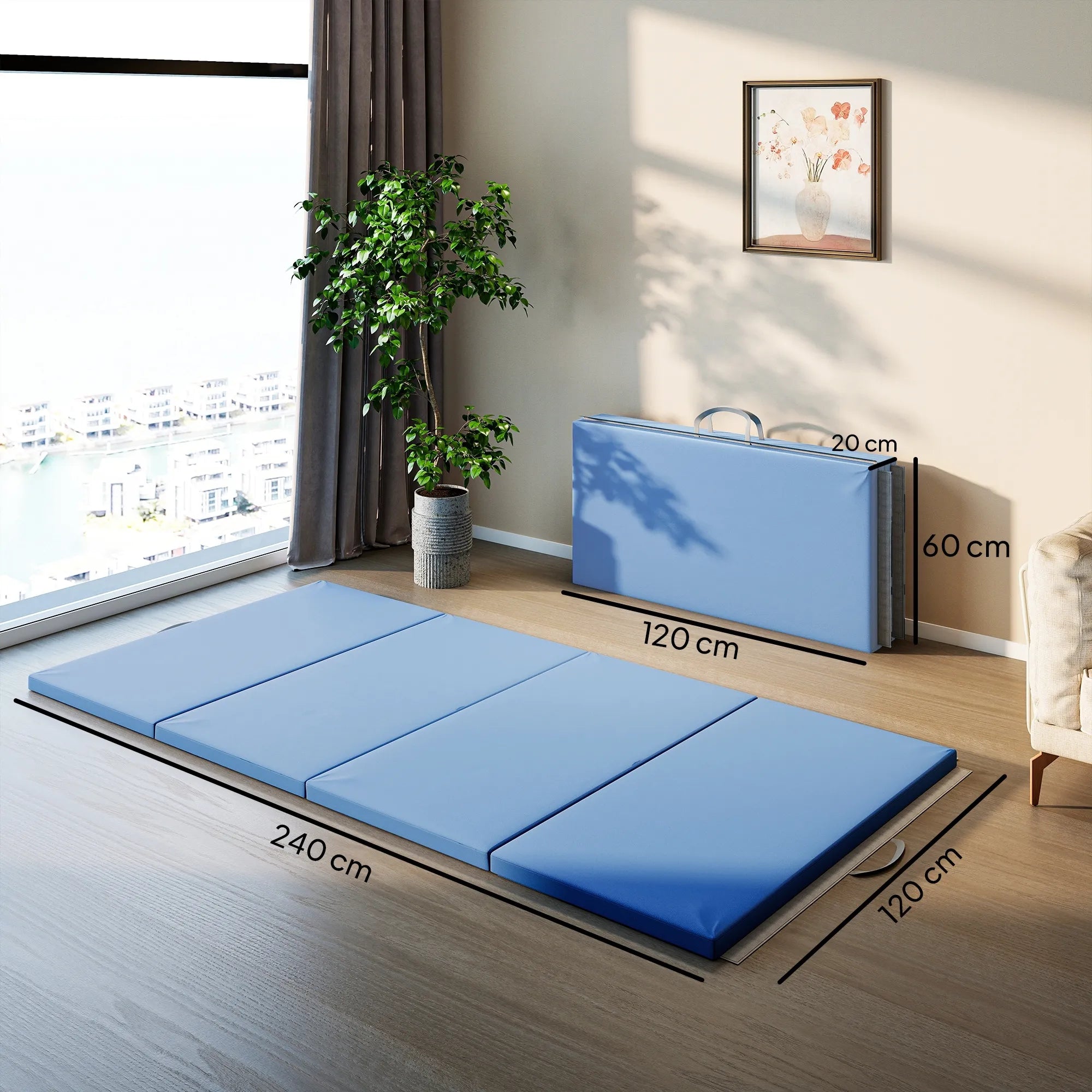 Sulankstomas gimnastikos kilimėlis 240 x 120 cm, šviesiai mėlynas