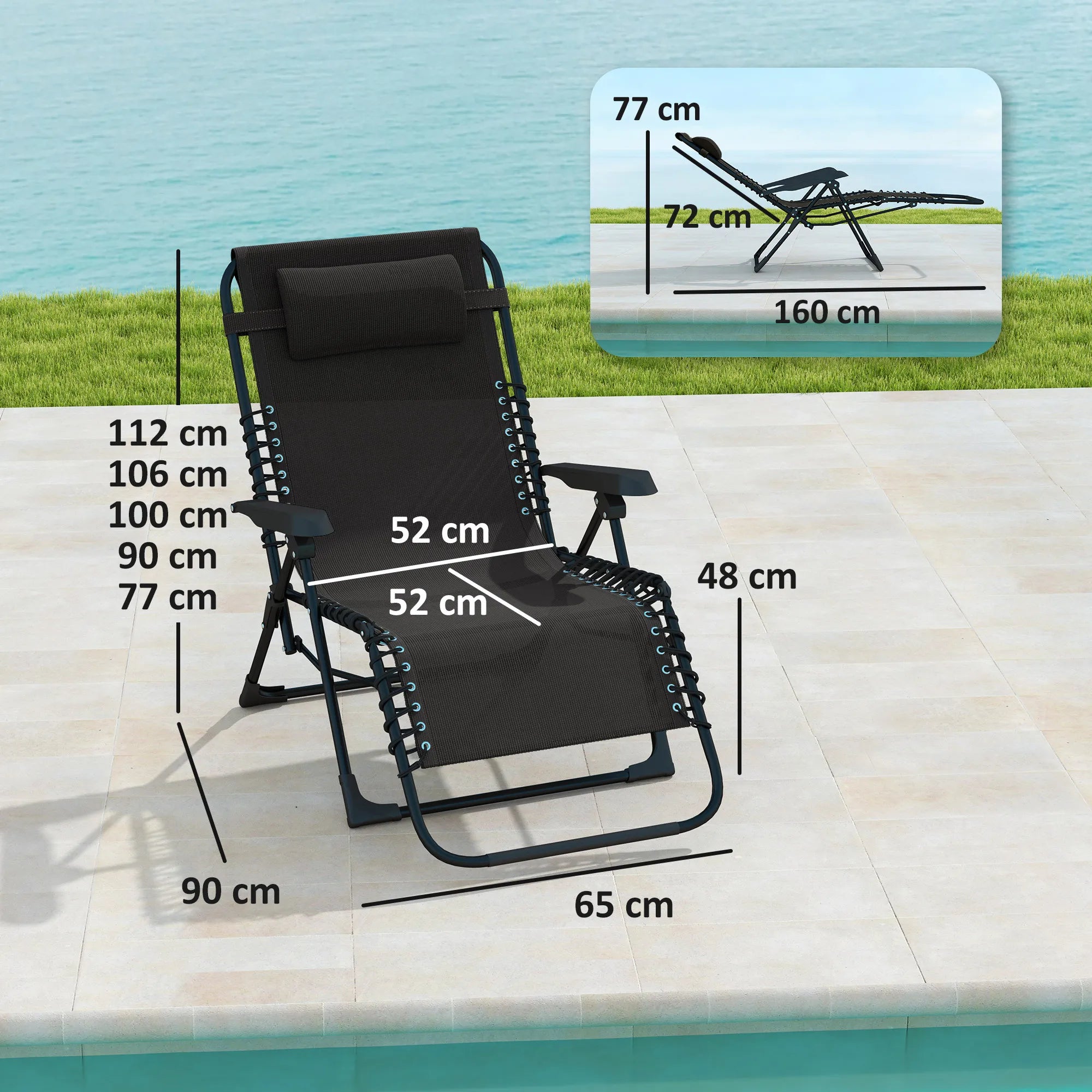 Gulto matmenų schema: atlošo aukštis reguliuojamas nuo 77 iki 112 cm, sėdimosios dalies plotis 52 cm, gylis 90 cm, bendras plotis 65 cm; sulankstyto gulto matmenys 160x77x72 cm.