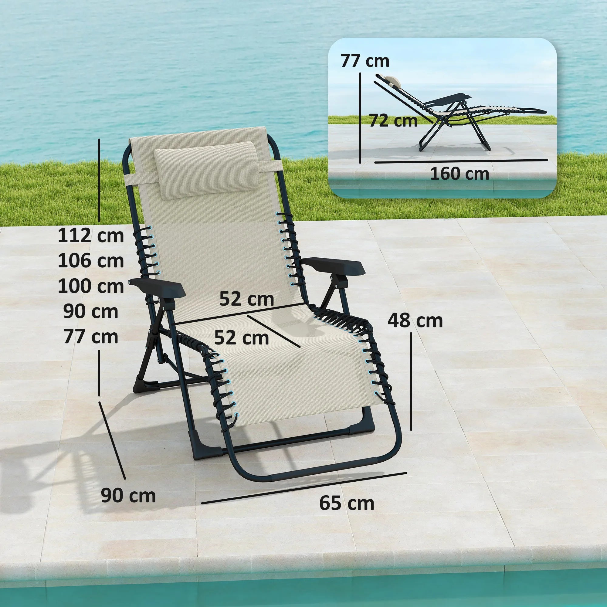 Gulto matmenų schema: atlošo aukštis reguliuojamas nuo 77 iki 112 cm, sėdimosios dalies plotis 52 cm, gylis 90 cm, bendras plotis 65 cm; sulankstyto gulto matmenys 160x77x72 cm.