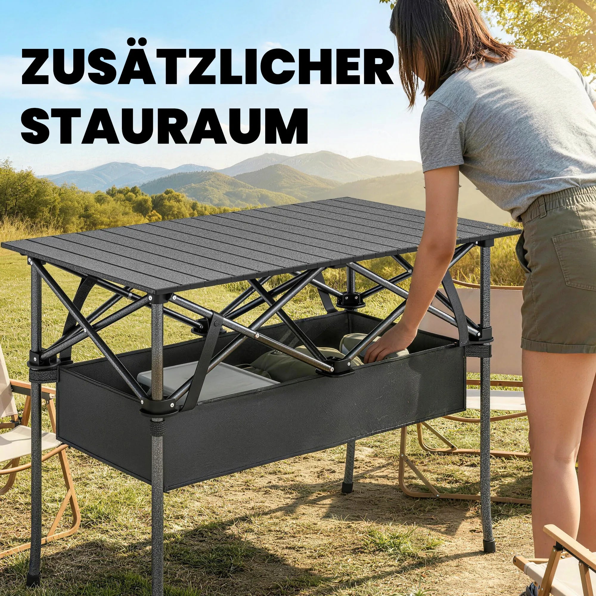 Sulankstomas kempingo stalas su tinkleliu metalinis 93x55 cm juodas