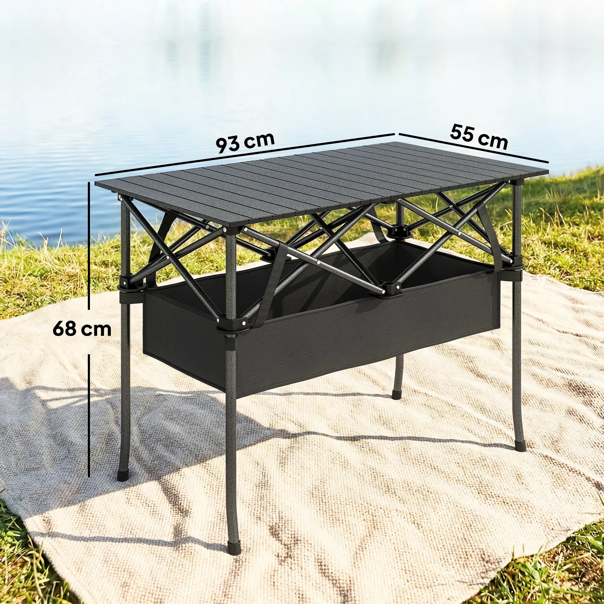 Sulankstomas kempingo stalas su tinkleliu metalinis 93x55 cm juodas