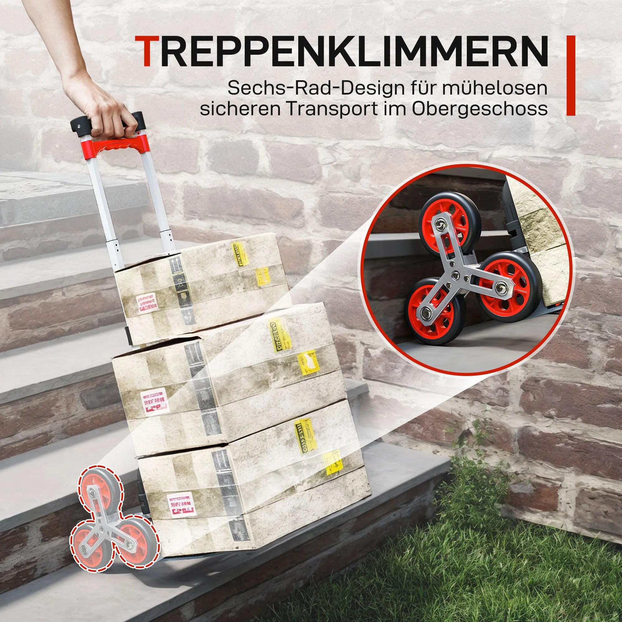 Sulankstomas laiptų kopiklis-vežimėlis, 6 ratų sistema, kelia 70 kg, aliuminis, raudonas