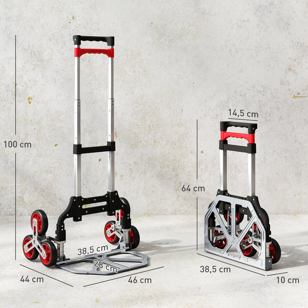 Sulankstomas laiptų kopiklis-vežimėlis, 6 ratų sistema, kelia 70 kg, aliuminis, raudonas