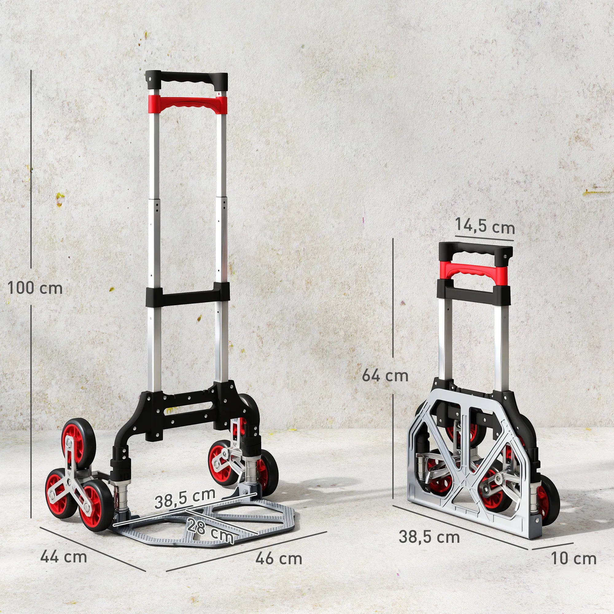 Sulankstomas laiptų kopiklis-vežimėlis, 6 ratų sistema, kelia 70 kg, aliuminis, raudonas