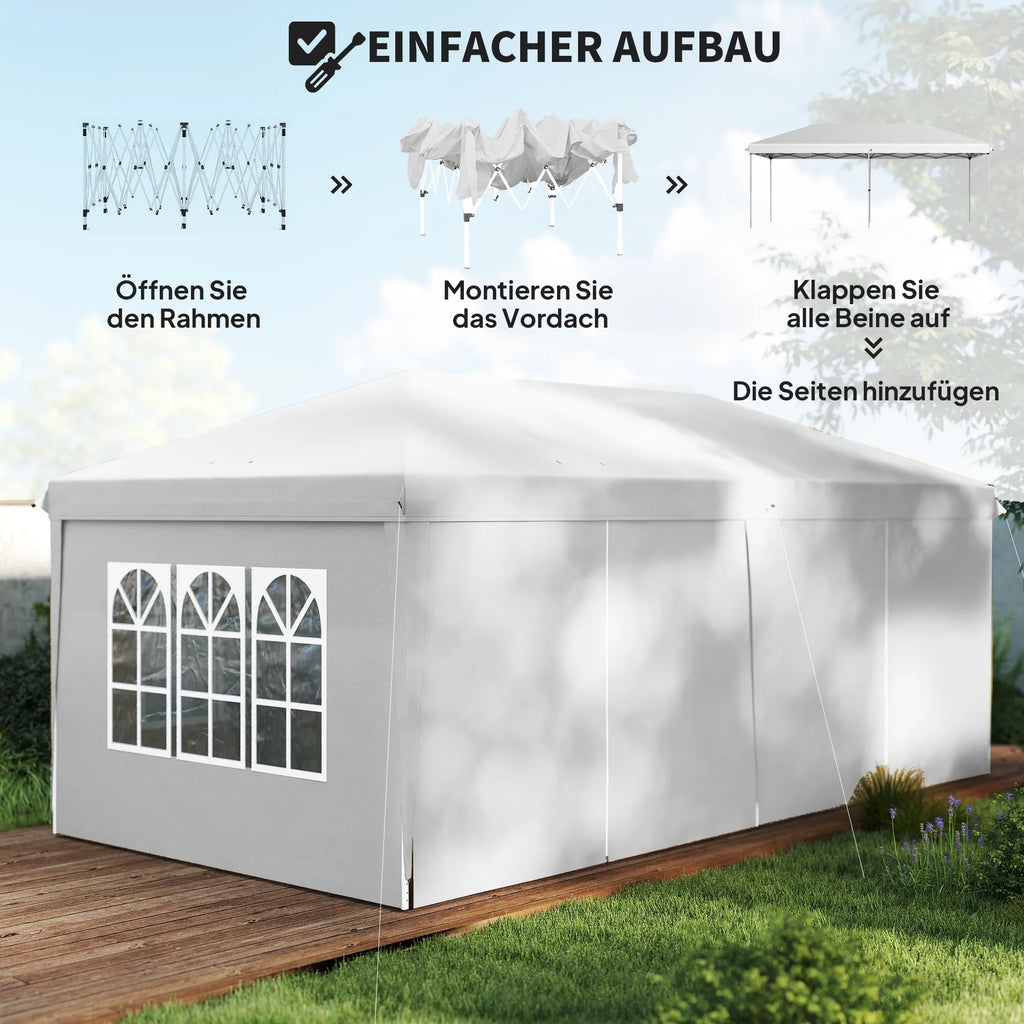 Sulankstomas paviljonas 6x3 m su sienelėmis ir langais, baltas