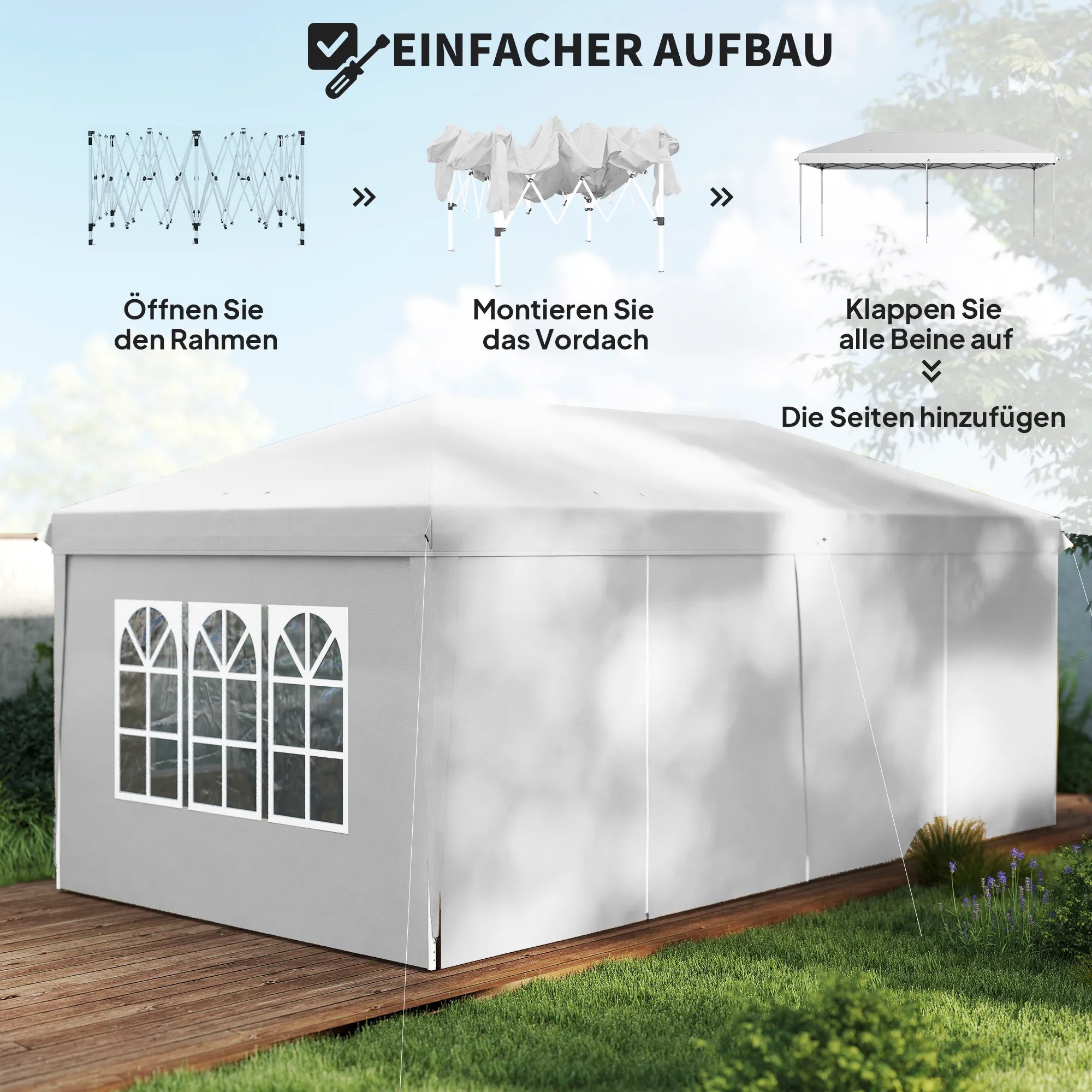 Sulankstomas paviljonas 6x3 m su sienelėmis ir langais, baltas