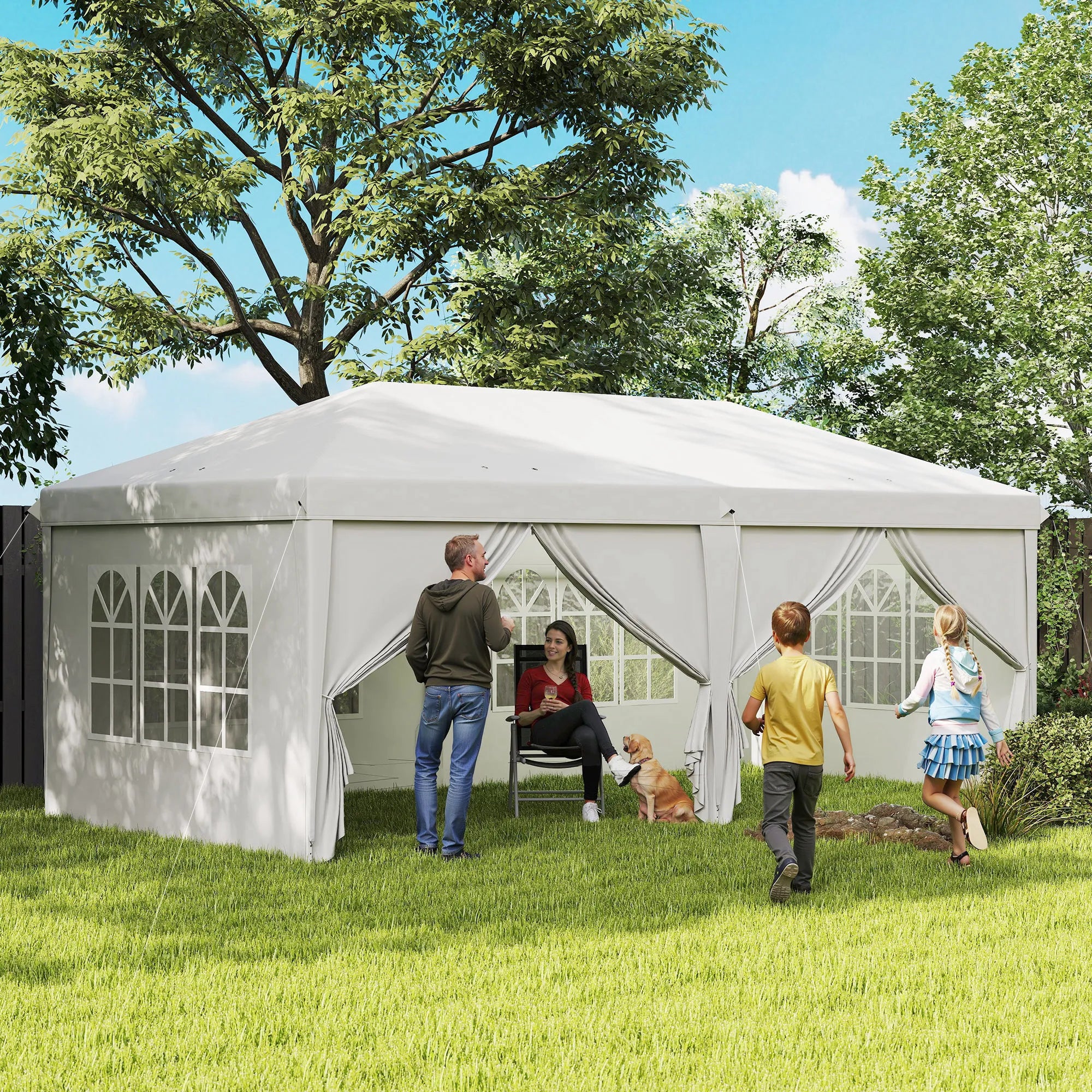 Sulankstomas paviljonas 6x3 m su sienelėmis ir langais, baltas