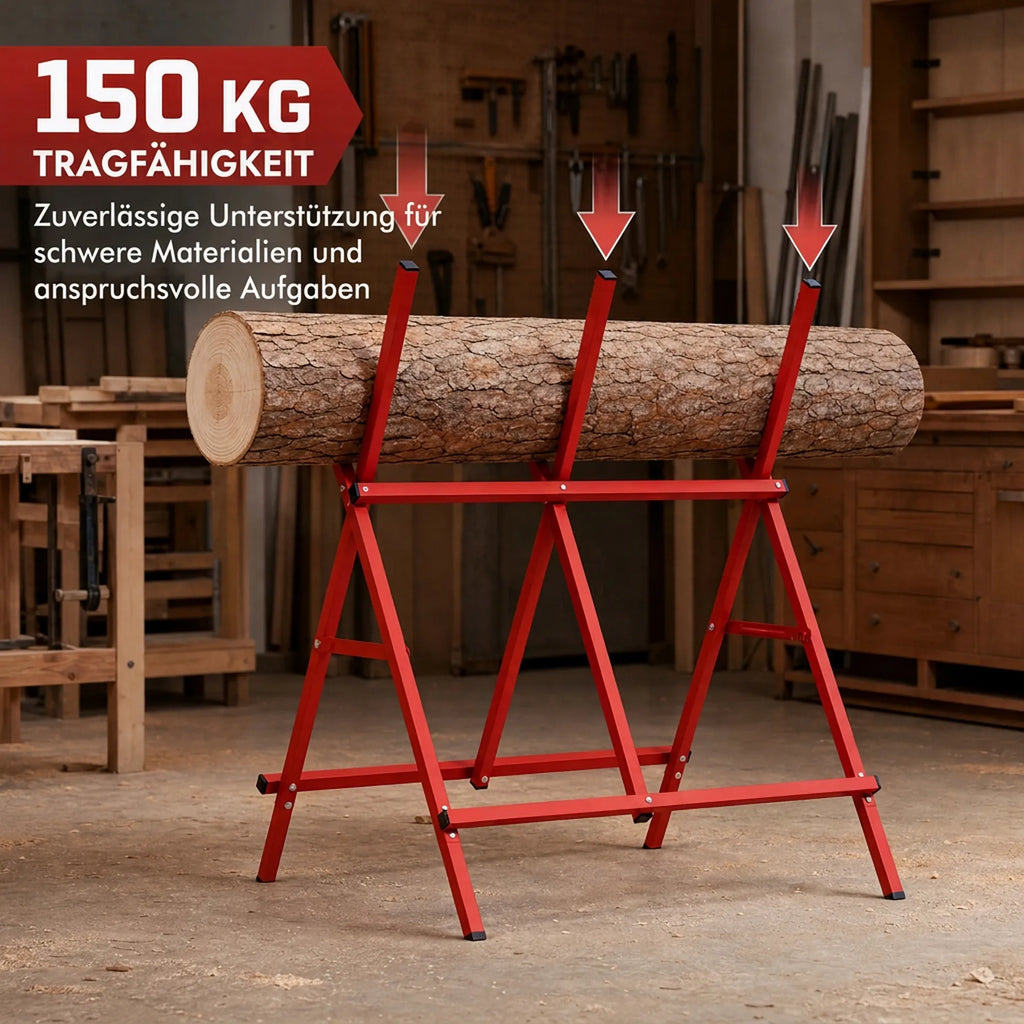 Schema vokiečių kalba, vaizduojanti 150 kg apkrovą ant rąsto