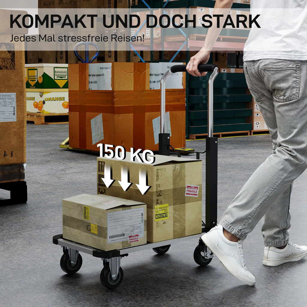 Sulankstomas rankinis vežimėlis, 150 kg apkrova, išplečiamas paviršius, aukščio reguliuojama rankena, skirtas dėžėms, metalas, juodas