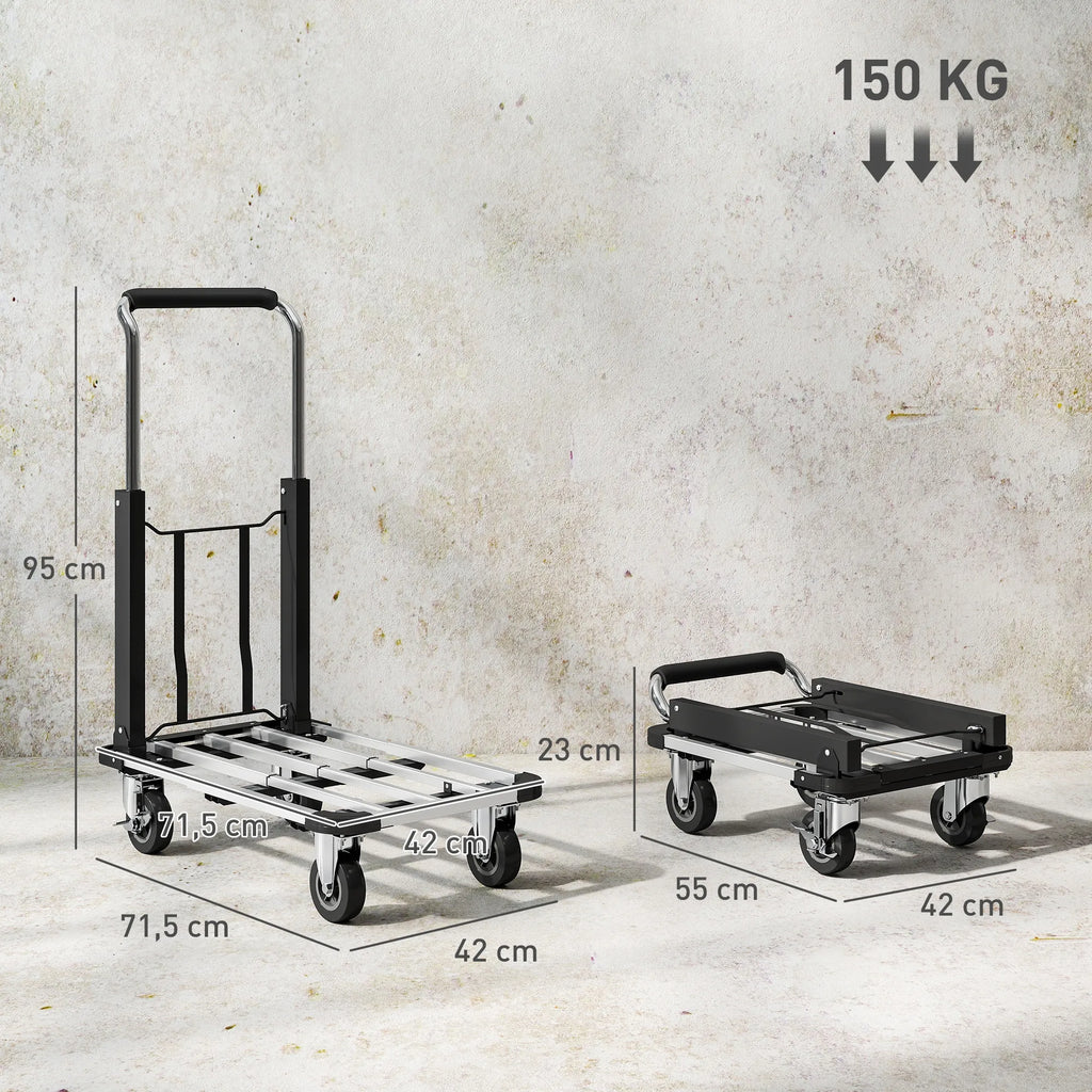 Sulankstomas rankinis vežimėlis, 150 kg apkrova, išplečiamas paviršius, aukščio reguliuojama rankena, skirtas dėžėms, metalas, juodas