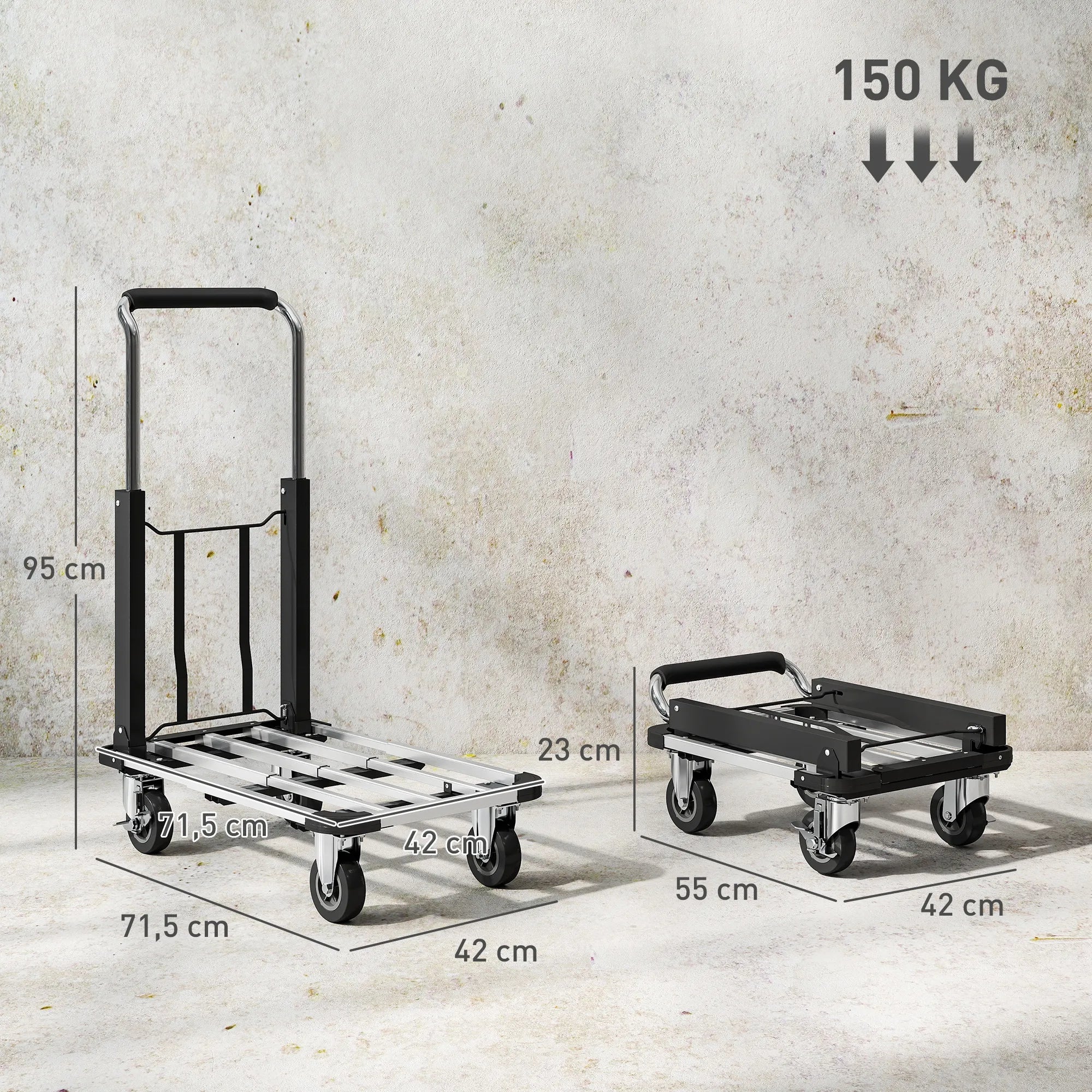Sulankstomas rankinis vežimėlis, 150 kg apkrova, išplečiamas paviršius, aukščio reguliuojama rankena, skirtas dėžėms, metalas, juodas