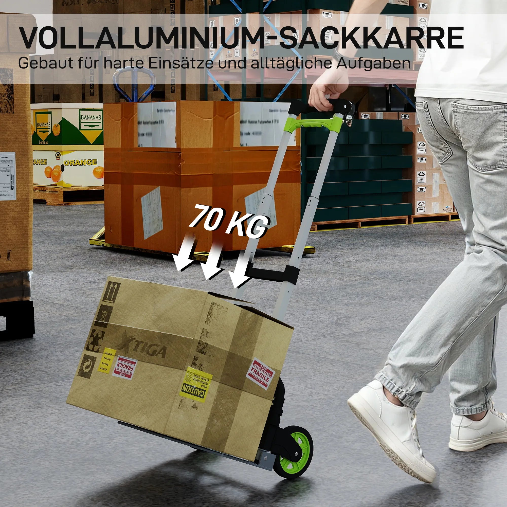 Sulankstomas rankinis vežimėlis, aliuminis, su reguliuojama rankena iki 100 cm