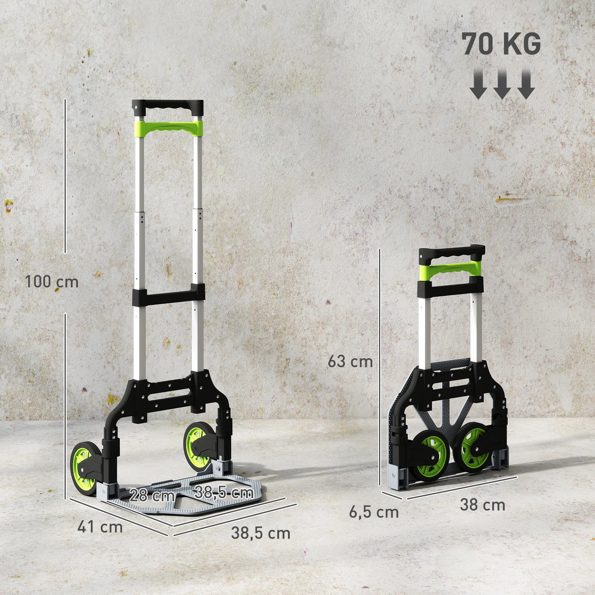 Sulankstomas rankinis vežimėlis, aliuminis, su reguliuojama rankena iki 100 cm