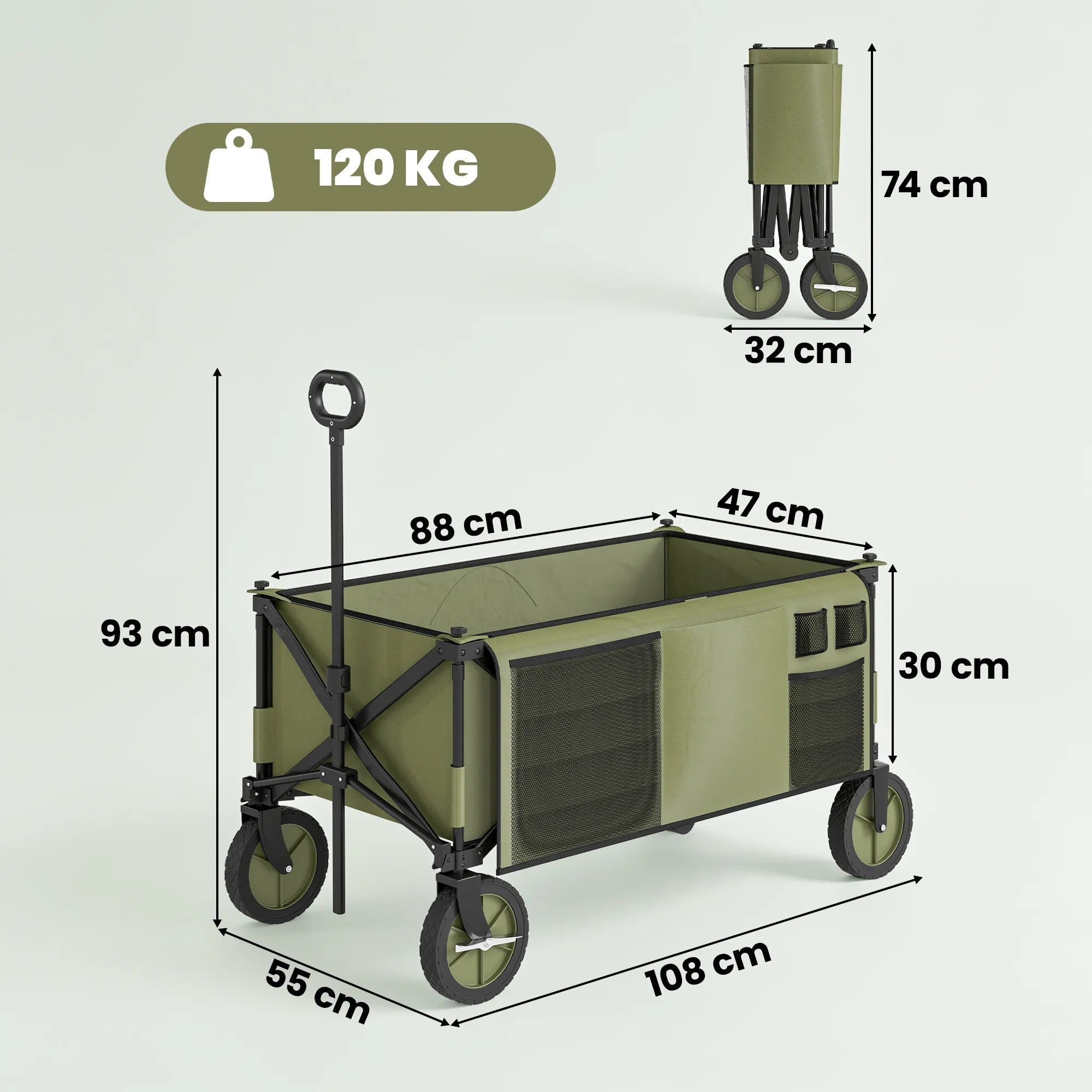 Sulankstomas rankinis vežimėlis su staliumi, 100 kg, žalias