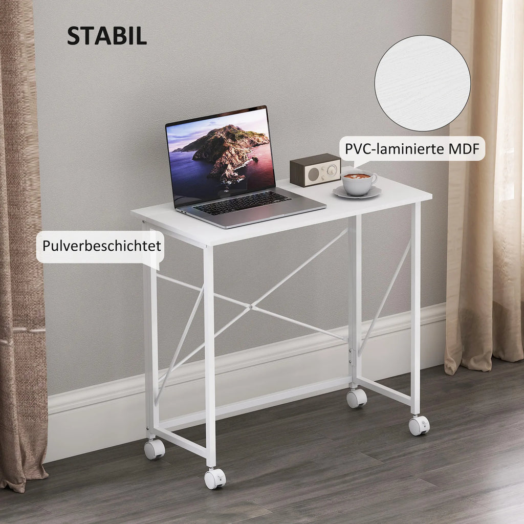 Sulankstomas rašomasis stalas su ratukais medienos plokštės 80x40 cm baltas