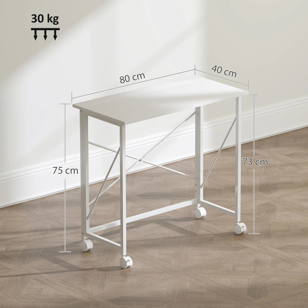 Sulankstomas rašomasis stalas su ratukais medienos plokštės 80x40 cm baltas