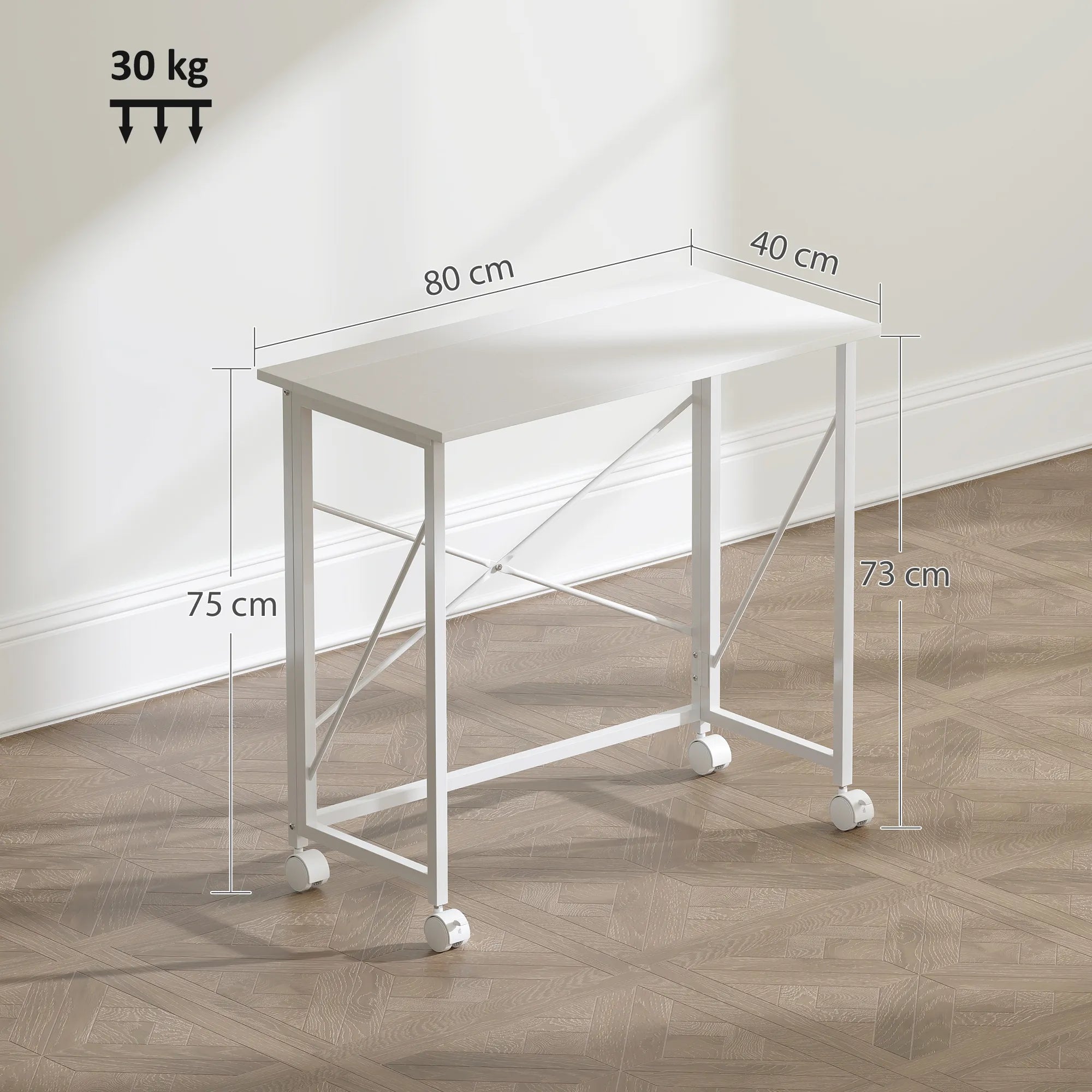 Sulankstomas rašomasis stalas su ratukais medienos plokštės 80x40 cm baltas