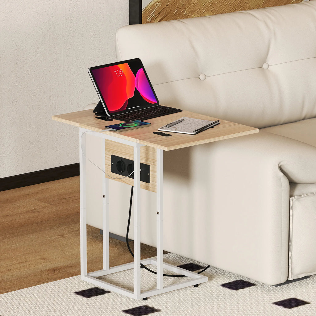 Sulankstomas šoninis staliukas su įkrovimo stotele ir USB prievadais, 39 × 29 × 57 cm