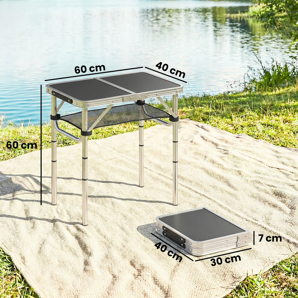 Sulankstomas stalas stovyklavimui aliuminis 60x40 cm reguliuojamas juodas