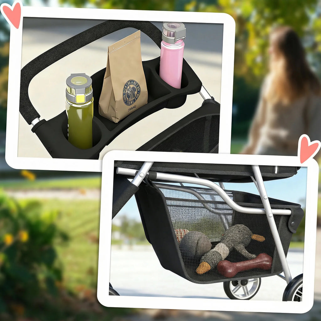 Sulankstomas šunų vežimėlis su krepšiu daiktams juodas 10 kg