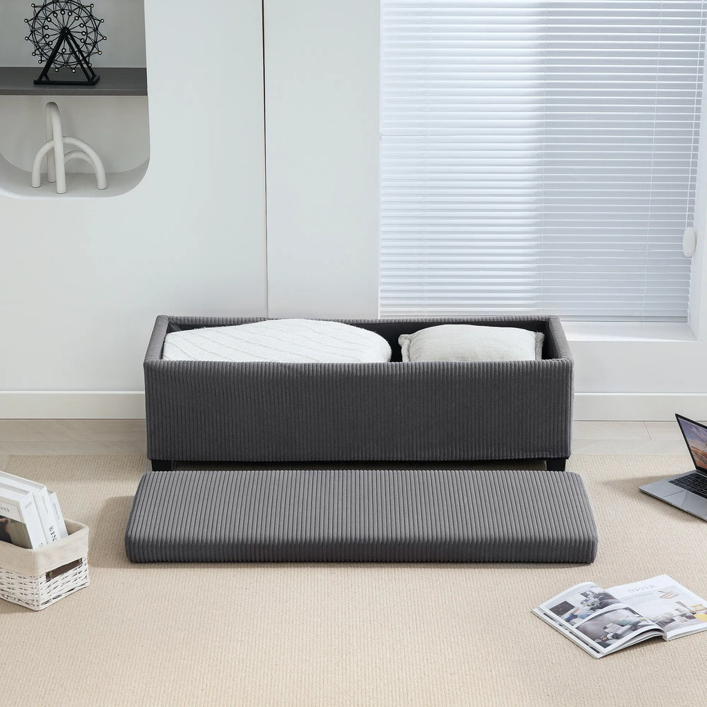 Sulankstomas suoliukas-daiktadėžė, 84 l, 112 × 42 × 40 cm, veliūrinis, pilkas