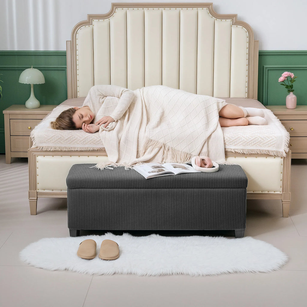 Sulankstomas suoliukas-daiktadėžė, 84 l, 112 × 42 × 40 cm, veliūrinis, pilkas